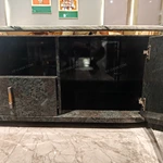 Luxury TV Stand with Dark Natural Wood Veneer Marble Top Embossed Side Panels and Stainless Steel Handles